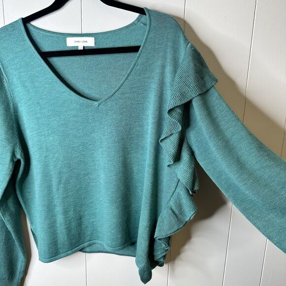 John + Jenn Anthropologie Size M Teal Wool Blend Side Ruffle V Neck Sweater - Picture 4 of 7